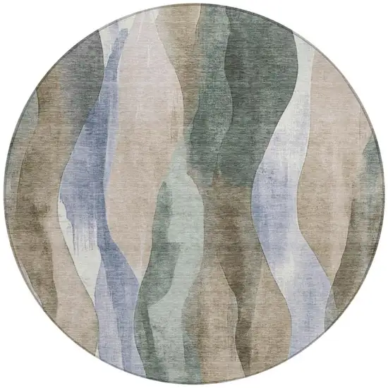 8' Beige And Denim Blue Round Abstract Washable Indoor Outdoor Area Rug Photo 3