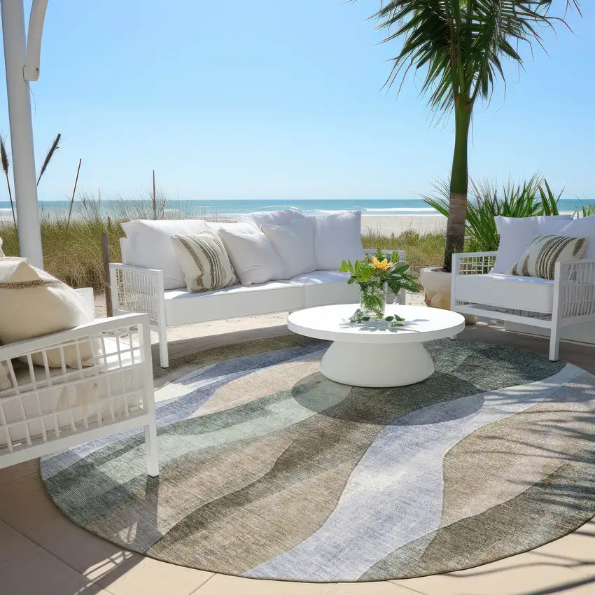 8' Beige And Denim Blue Round Abstract Washable Indoor Outdoor Area Rug Photo 5