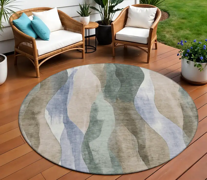 8' Beige And Denim Blue Round Abstract Washable Indoor Outdoor Area Rug Photo 2