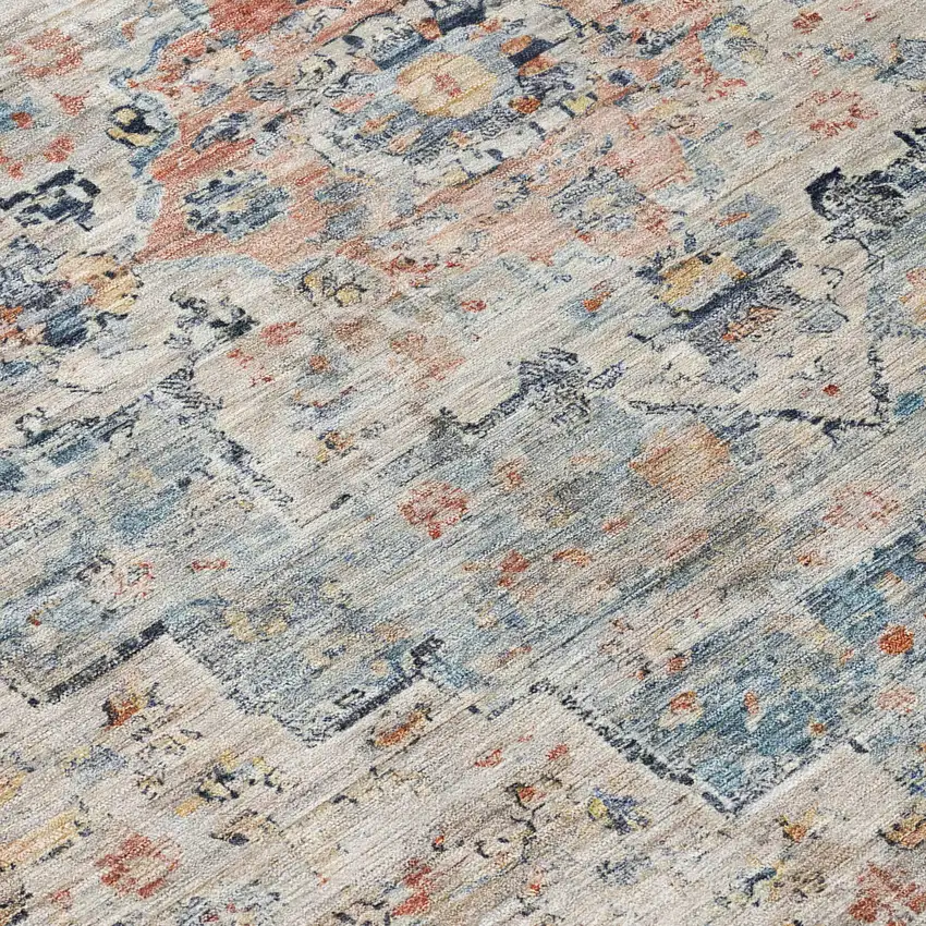 8' Beige And Denim Blue Round Medallion Washable Indoor Outdoor Area Rug Photo 8