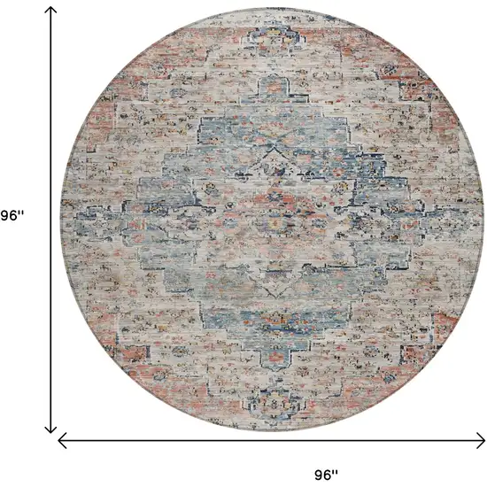 8' Beige And Denim Blue Round Medallion Washable Indoor Outdoor Area Rug Photo 8