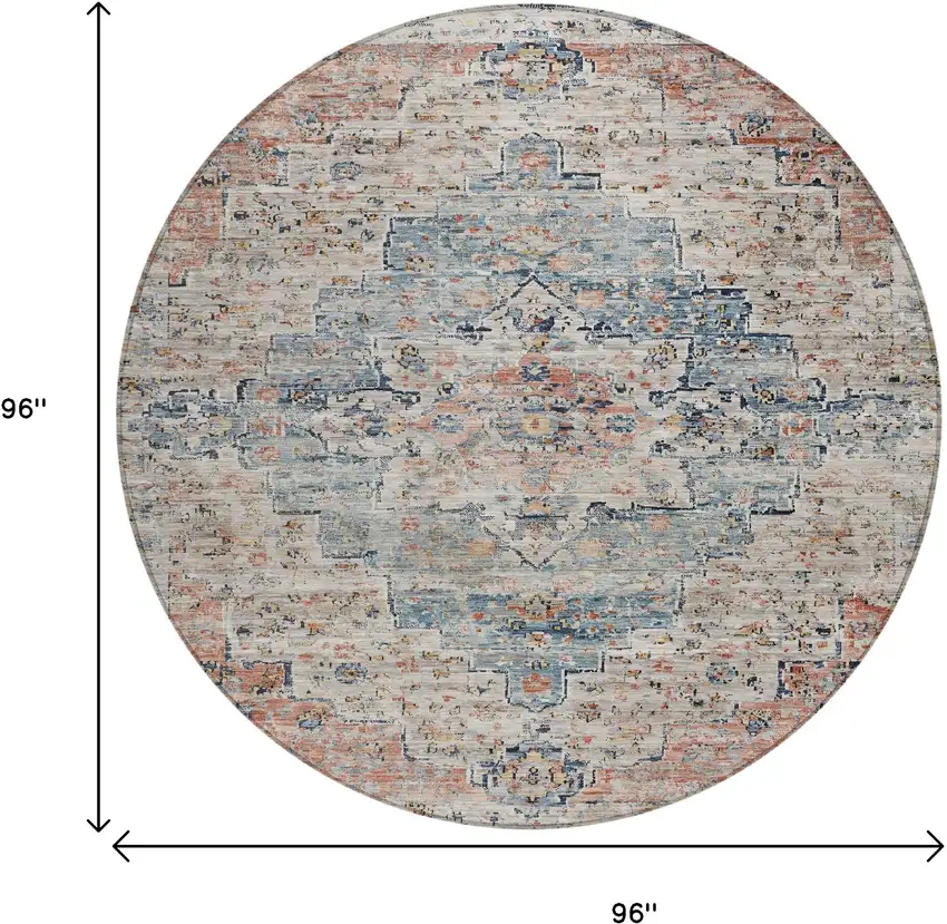 8' Beige And Denim Blue Round Medallion Washable Indoor Outdoor Area Rug Photo 8