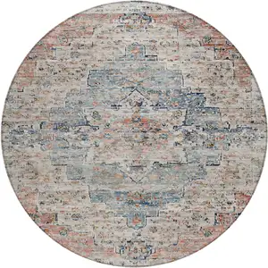 Photo of 8' Beige And Denim Blue Round Medallion Washable Indoor Outdoor Area Rug