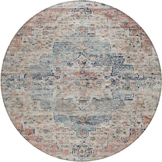 8' Beige And Denim Blue Round Medallion Washable Indoor Outdoor Area Rug Photo 1