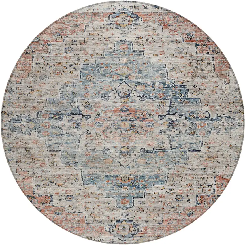8' Beige And Denim Blue Round Medallion Washable Indoor Outdoor Area Rug Photo 1