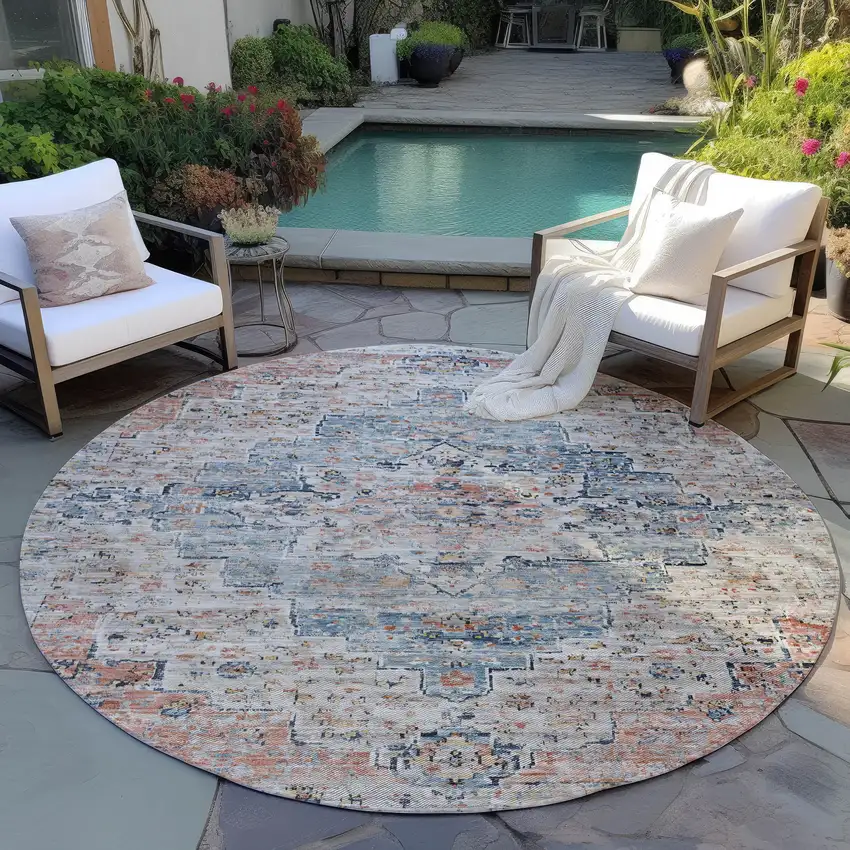 8' Beige And Denim Blue Round Medallion Washable Indoor Outdoor Area Rug Photo 5