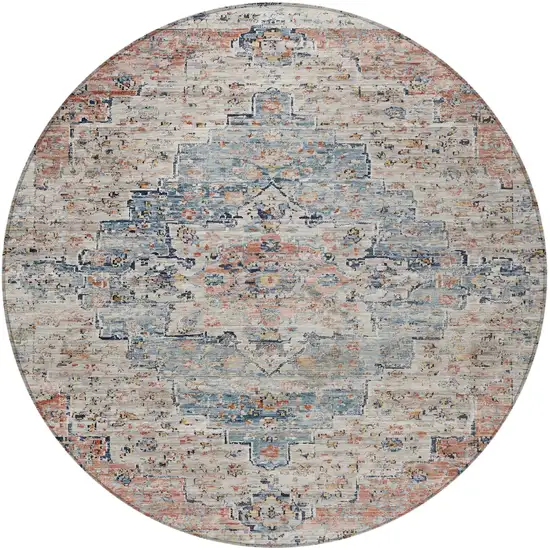 8' Beige And Denim Blue Round Medallion Washable Indoor Outdoor Area Rug Photo 4