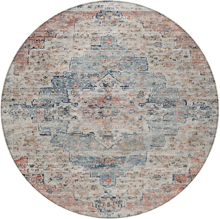 8' Beige And Denim Blue Round Medallion Washable Indoor Outdoor Area Rug Photo 4