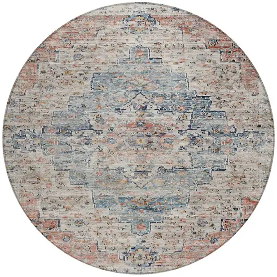 8' Beige And Denim Blue Round Medallion Washable Indoor Outdoor Area Rug Photo 3