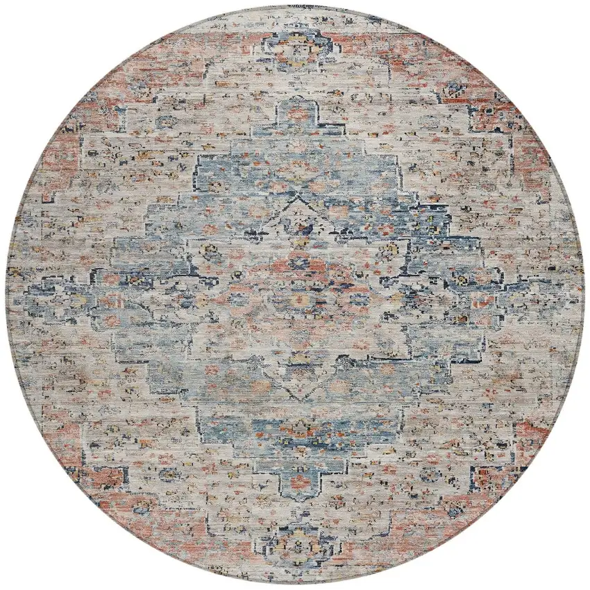 8' Beige And Denim Blue Round Medallion Washable Indoor Outdoor Area Rug Photo 3