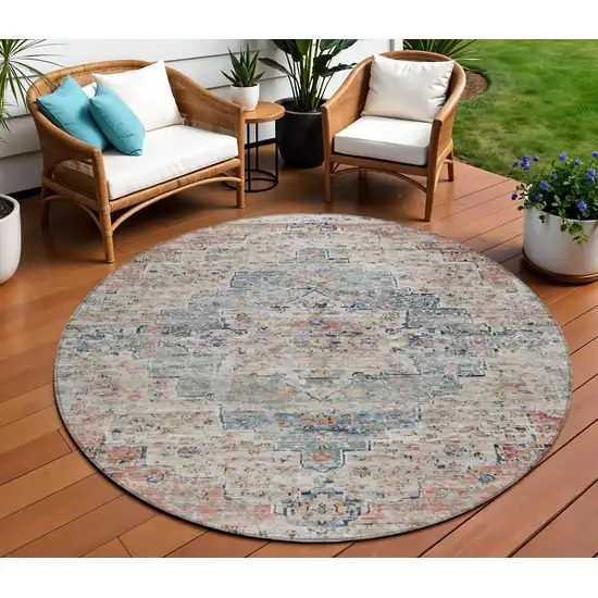 8' Beige And Denim Blue Round Medallion Washable Indoor Outdoor Area Rug Photo 2