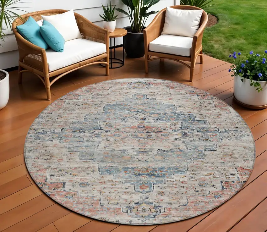 8' Beige And Denim Blue Round Medallion Washable Indoor Outdoor Area Rug Photo 2