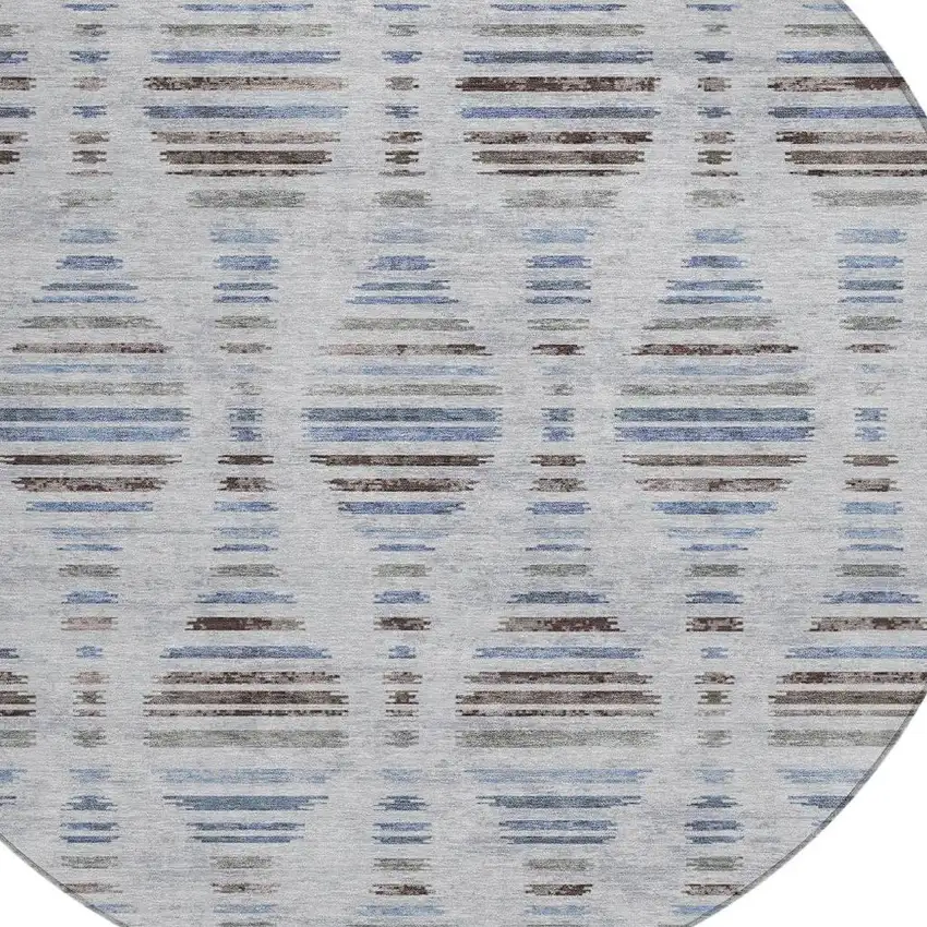 8' Beige And Denim Blue Round Striped Washable Indoor Outdoor Area Rug Photo 8