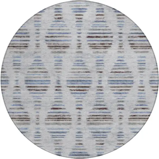 8' Beige And Denim Blue Round Striped Washable Indoor Outdoor Area Rug Photo 1