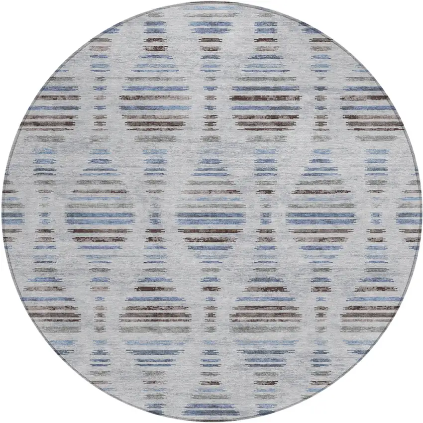 8' Beige And Denim Blue Round Striped Washable Indoor Outdoor Area Rug Photo 1