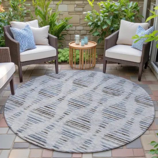 8' Beige And Denim Blue Round Striped Washable Indoor Outdoor Area Rug Photo 5
