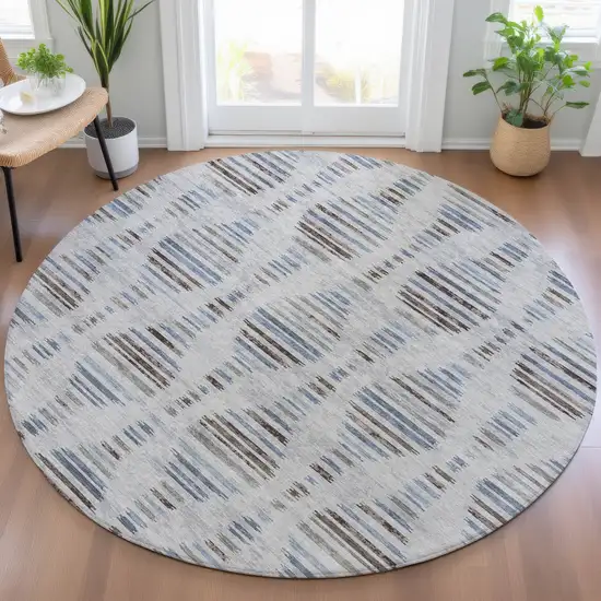8' Beige And Denim Blue Round Striped Washable Indoor Outdoor Area Rug Photo 6