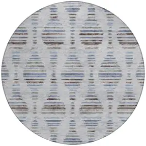 Photo of 8' Beige And Denim Blue Round Striped Washable Indoor Outdoor Area Rug