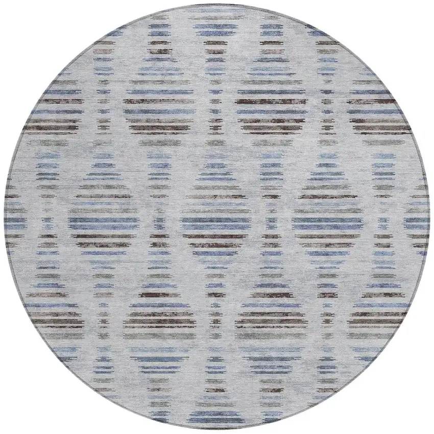 8' Beige And Denim Blue Round Striped Washable Indoor Outdoor Area Rug Photo 4