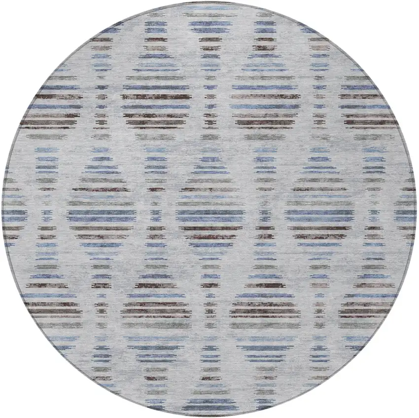 8' Beige And Denim Blue Round Striped Washable Indoor Outdoor Area Rug Photo 3