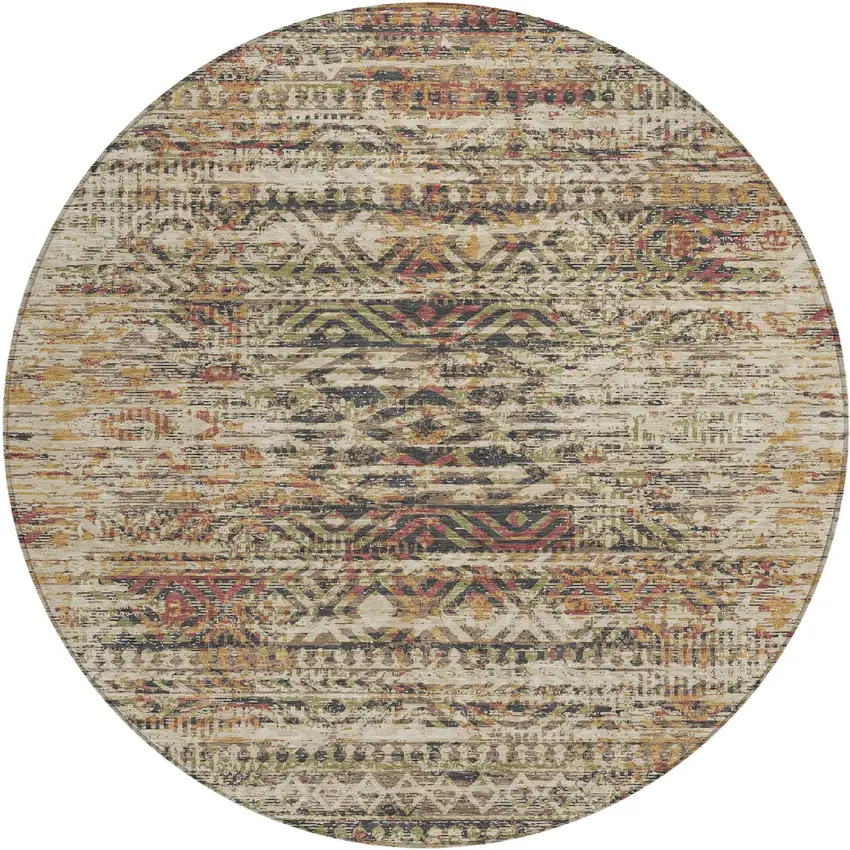 8' Beige And Fern Green Round Moroccan Washable Indoor Outdoor Area Rug Photo 1