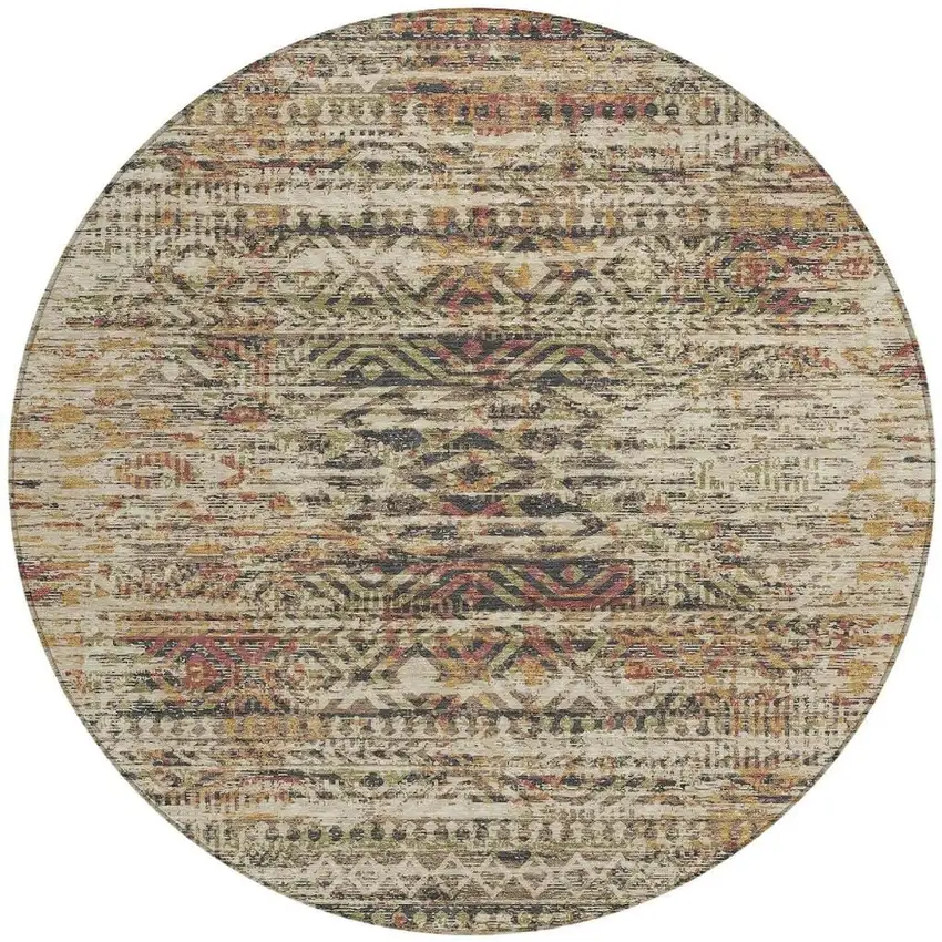 8' Beige And Fern Green Round Moroccan Washable Indoor Outdoor Area Rug Photo 3