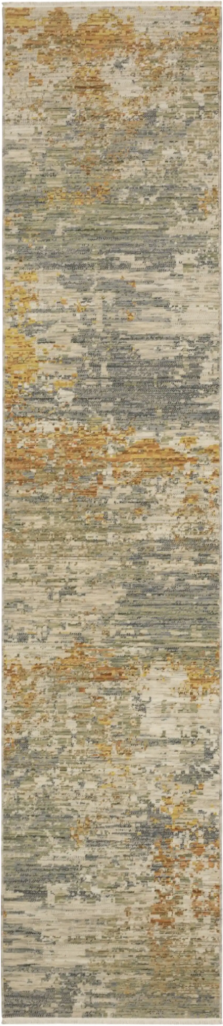 12' Beige And Gold Abstract Runner Rug With Fringe Photo 4