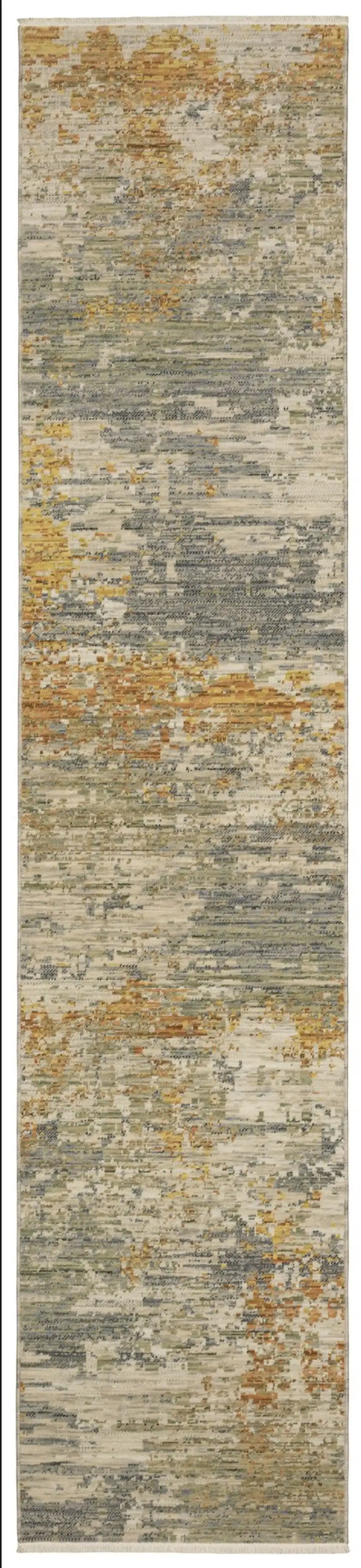 12' Beige And Gold Abstract Runner Rug With Fringe Photo 1