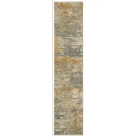 12' Beige And Gold Abstract Runner Rug With Fringe Photo 1
