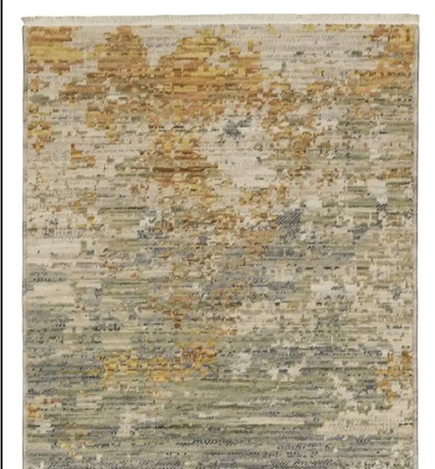 12' Beige And Gold Abstract Runner Rug With Fringe Photo 5
