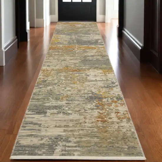 12' Beige And Gold Abstract Runner Rug With Fringe Photo 2