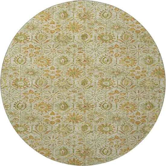 8' Beige And Gold Floral Washable Round Rug With UV Protection Photo 4