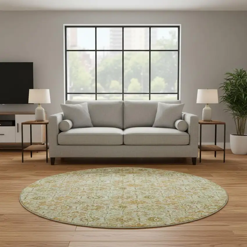 8' Beige And Gold Floral Washable Round Rug With UV Protection Photo 2