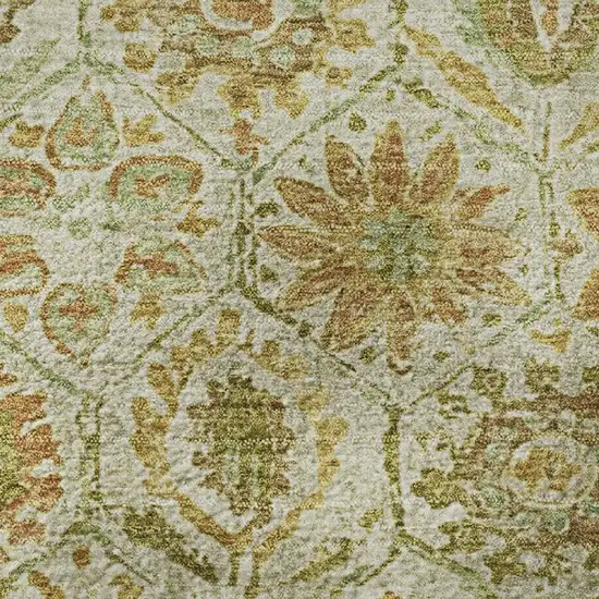 8' Beige And Gold Floral Washable Round Rug With UV Protection Photo 9