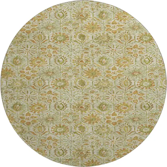 8' Beige And Gold Floral Washable Round Rug With UV Protection Photo 1