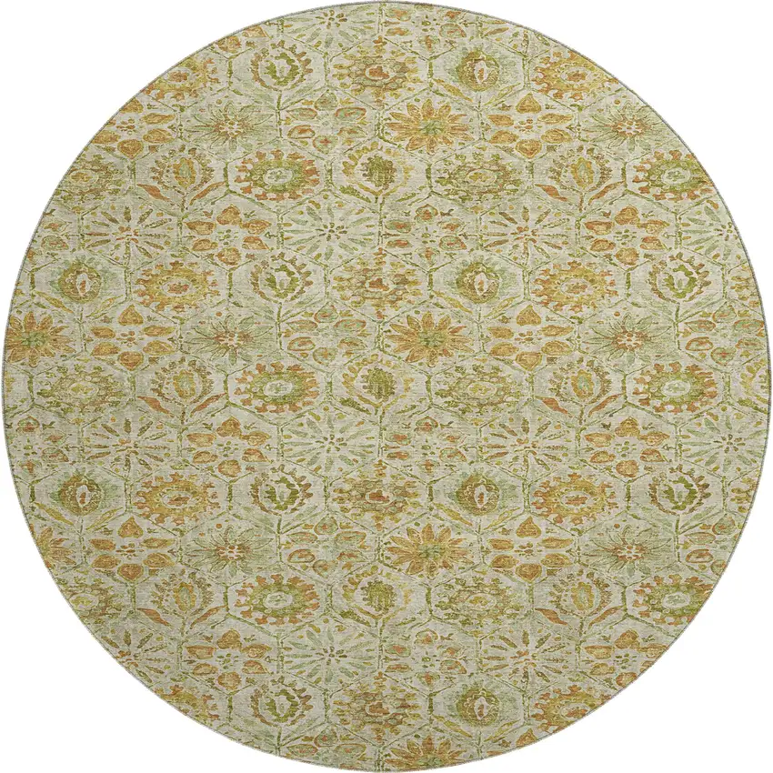 8' Beige And Gold Floral Washable Round Rug With UV Protection Photo 1
