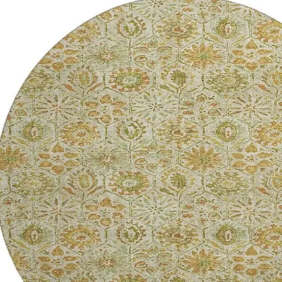 8' Beige And Gold Floral Washable Round Rug With UV Protection Photo 3