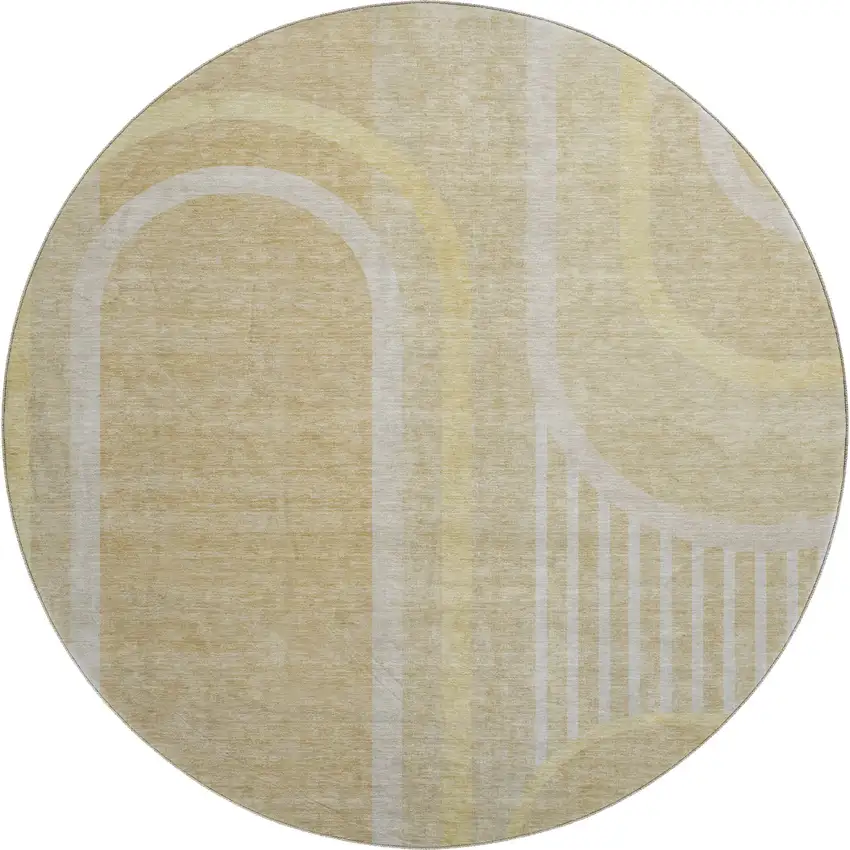 8' Beige And Gold Geometric Washable Round Rug With UV Protection Photo 1