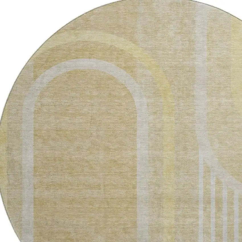 8' Beige And Gold Geometric Washable Round Rug With UV Protection Photo 2