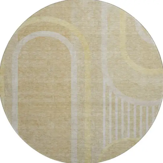 8' Beige And Gold Geometric Washable Round Rug With UV Protection Photo 3