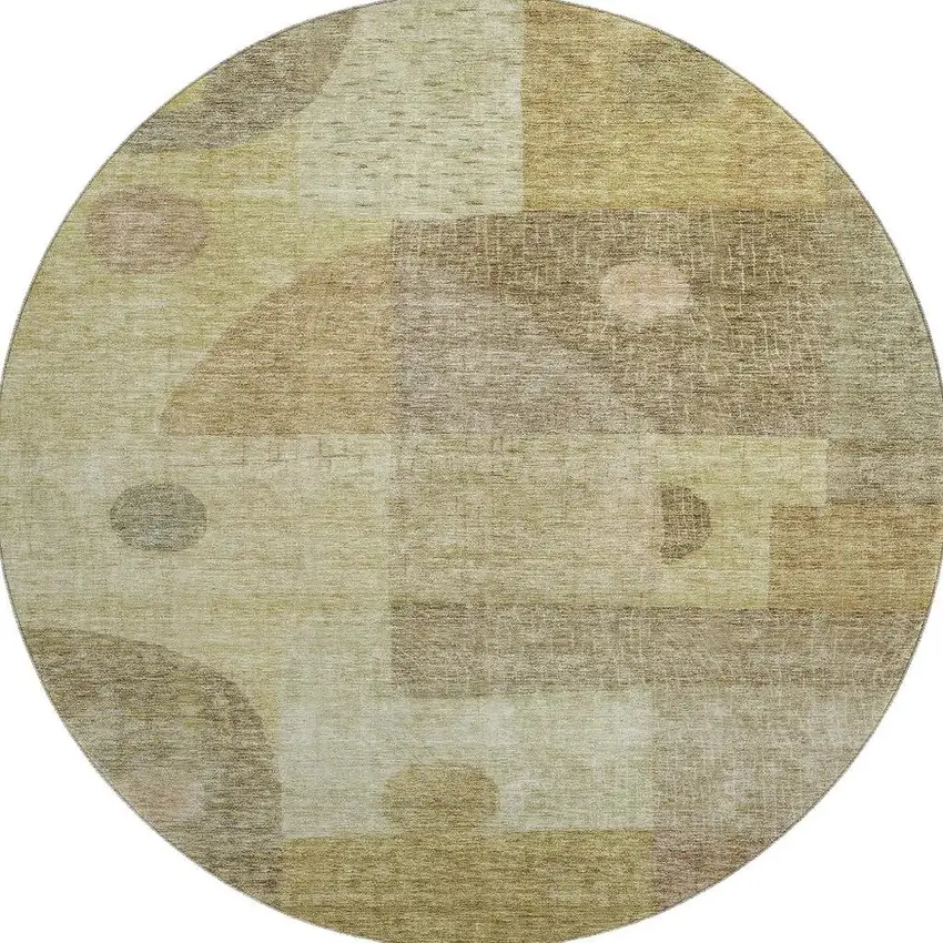 8' Beige And Gold Geometric Washable Round Rug With UV Protection Photo 3