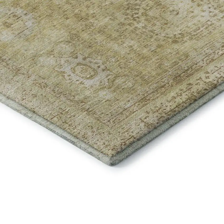 8' Beige And Gold Oriental Washable Round Rug With UV Protection Photo 6