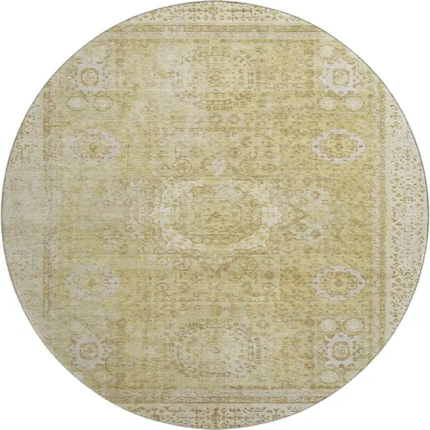 8' Beige And Gold Oriental Washable Round Rug With UV Protection Photo 1