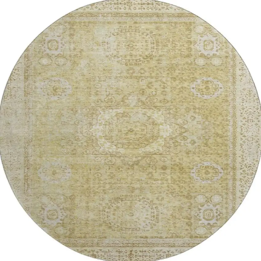 8' Beige And Gold Oriental Washable Round Rug With UV Protection Photo 3