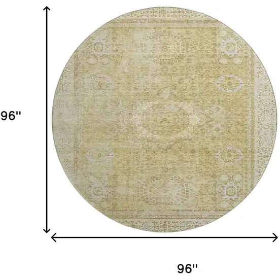 8' Beige And Gold Oriental Washable Round Rug With UV Protection Photo 9