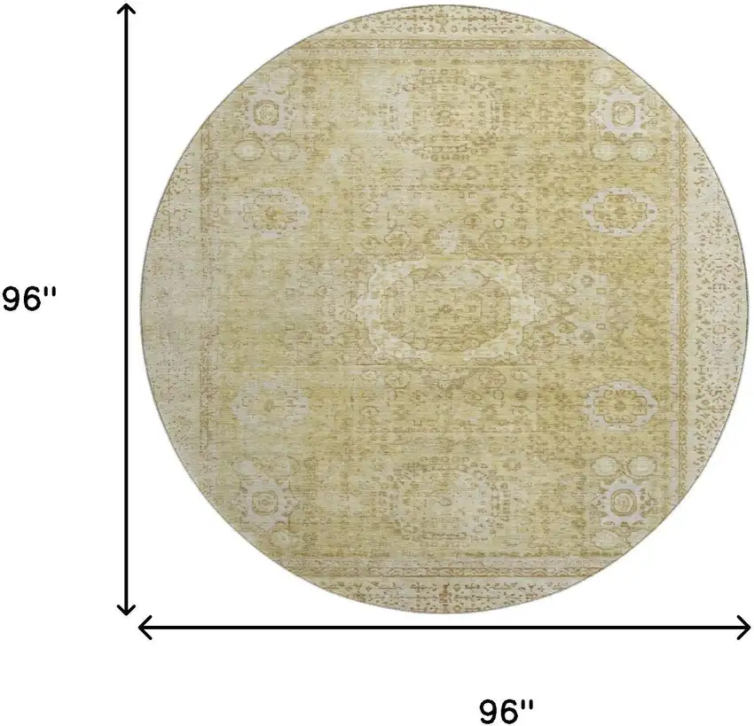 8' Beige And Gold Oriental Washable Round Rug With UV Protection Photo 9