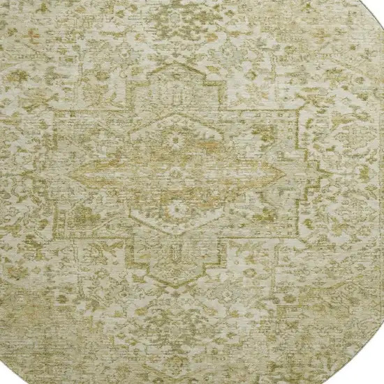 8' Beige And Gold Oriental Washable Round Rug With UV Protection Photo 2