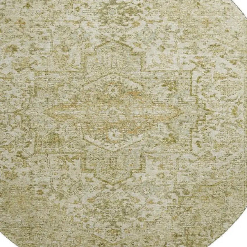 8' Beige And Gold Oriental Washable Round Rug With UV Protection Photo 2