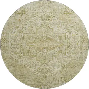 Photo of 8' Beige And Gold Oriental Washable Round Rug With UV Protection