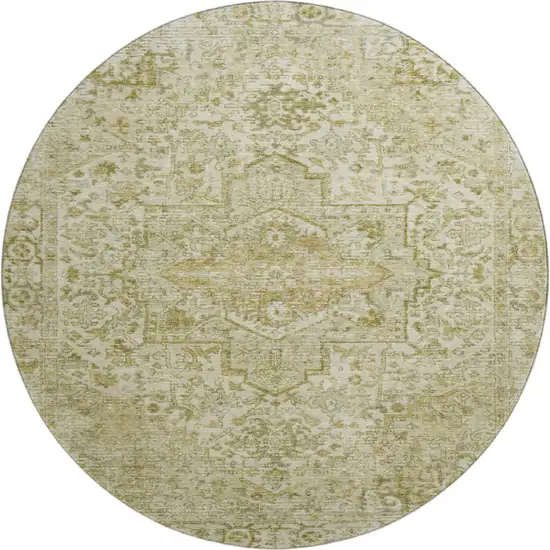 8' Beige And Gold Oriental Washable Round Rug With UV Protection Photo 1